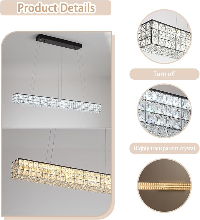 ykolupty Modern Rectangle Pendant Lights Dimmable LED Chandelier Lighting, Linear Black Dining Room Hanging Light Fixtures Kitchen Island Rectangle Chandelier for Dining Room (L 40")