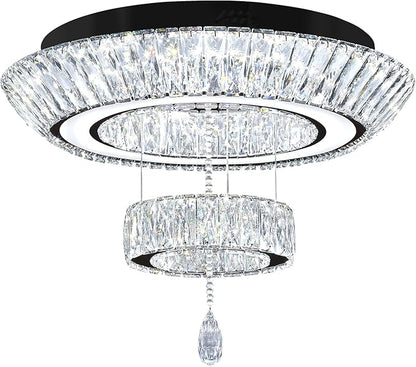 Led 24'' Black Ring Crystal Chandelier,Modern Luxury 2 Tier Crystal Raindrop Chandeliers Lighting for Dining Living Room LED Dimmable 3000-6000K
