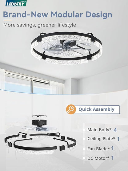 LEDIARY 24 Inch Low Profile Ceiling Fans with Lights and Remote, Flush Mount Fandelier Ceiling Fan, 3000K-6000K Dimmable LED Fan Light, Black Modern Ceiling Fans with Lights for Bedroom