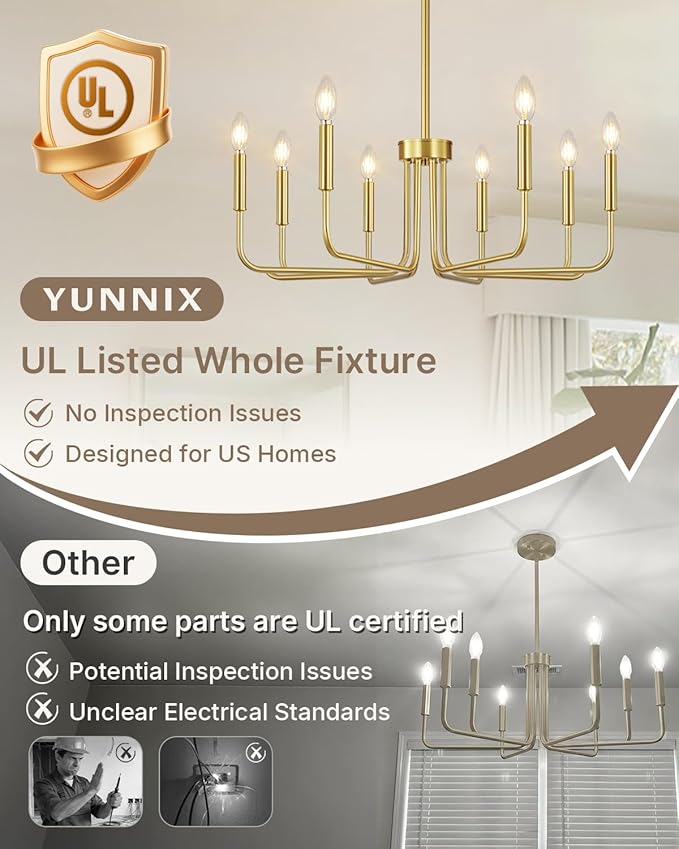 Yunnix 8 Light Modern Brushed Gold Chandelier for Dining Room Light Fixtures Over Table, Vintage Brass Master Bedroom Chandelier for Entryway, Foyer, Staircase, Kitchen and Living Room