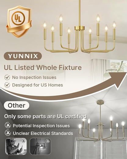 Yunnix 8 Light Modern Brushed Gold Chandelier for Dining Room Light Fixtures Over Table, Vintage Brass Master Bedroom Chandelier for Entryway, Foyer, Staircase, Kitchen and Living Room