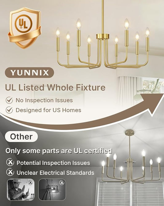 Yunnix 8 Light Modern Brushed Gold Chandelier for Dining Room Light Fixtures Over Table, Vintage Brass Master Bedroom Chandelier for Entryway, Foyer, Staircase, Kitchen and Living Room