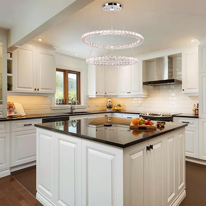 Finktonglan Dimmable Crystal Chandelier, Modern 2 Ring Oval LED Chandelier with Remote & App Control, 23.6"+20" Adjustable Pendant Light, 3 CCT 2500K/4500K/6500K, Kitchen Island Dining Room Bedroom
