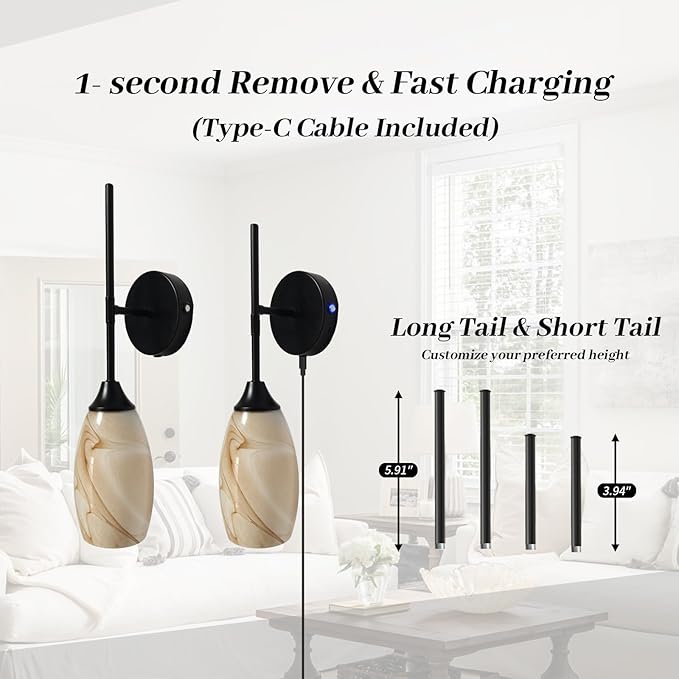Vintage Battery Operated Wall Sconces Hand-Blown Glass , Rustic Touch & Remote Control Wall Lights Set of 2, Rechargeable 8000mAh, 3 Temperatures, Dimmable, Wireless Sconce for Bedroom Living Room