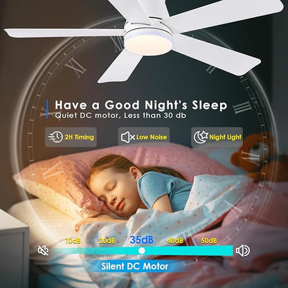 Hounberi 46 Inch Flush Mount Ceiling Fan with RGB Light and Remote, Modern White Low Profile Ceiling Fan for Low Ceilings, 3CCT Dimmable LED, 6 Speeds Quiet Reversible Motor for Bedroom & Living Room