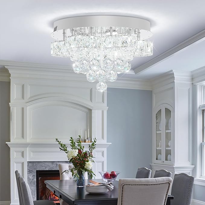 Flashing God Dia 16in Modern LED Crystal Chandelier,Flush Mount Ceiling Light Fixture with K9 Crystals,Small Chandelier for Bedroom Dining Hallway Lighting