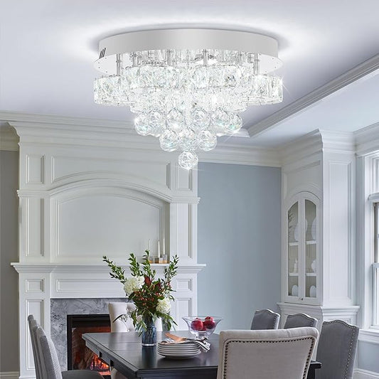 Flashing God Dia 16in Modern LED Crystal Chandelier,Flush Mount Ceiling Light Fixture with K9 Crystals,Small Chandelier for Bedroom Dining Hallway Lighting