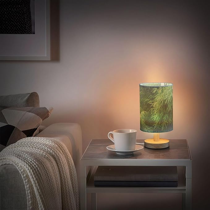 Green Bamboo Field Forest Botanical Print Table Lamp with Wood Base Fabric Lamp Shade Bedside Nightstand Desk Lamp for Living Room Bedroom Kids Room Office