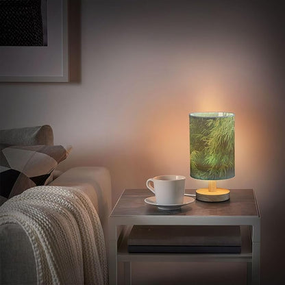 Green Bamboo Field Forest Botanical Print Table Lamp with Wood Base Fabric Lamp Shade Bedside Nightstand Desk Lamp for Living Room Bedroom Kids Room Office