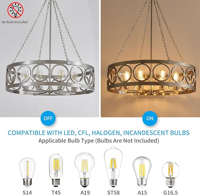 XINGQI 32.3" Large Brushed Nickel Drum Chandelier Modern 8-Light Rustic Farmhouse Round Pendant Lighting Fixture for Dining Room Living Room Office Kitchen Island