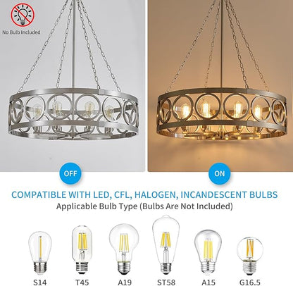 XINGQI 32.3" Large Brushed Nickel Drum Chandelier Modern 8-Light Rustic Farmhouse Round Pendant Lighting Fixture for Dining Room Living Room Office Kitchen Island