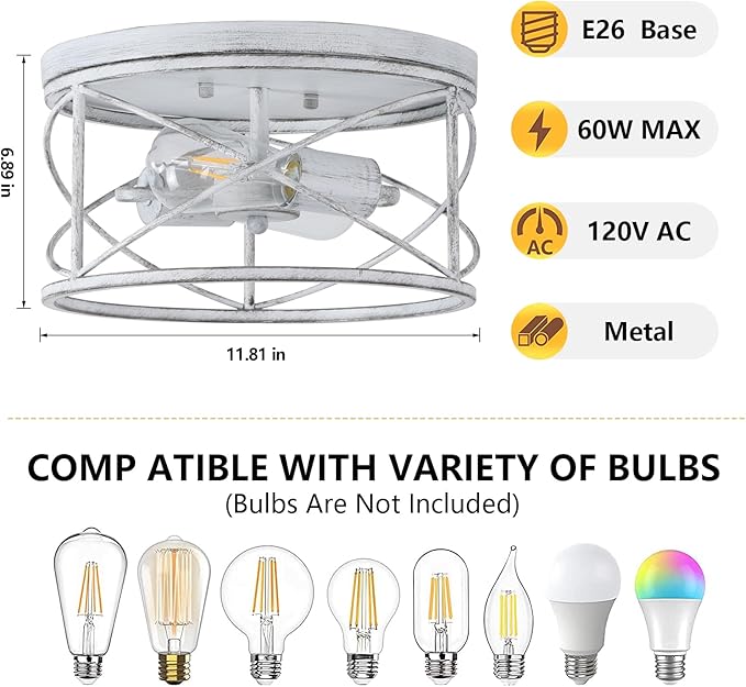 2-Light Flush Mount Distressed White Ceiling Light Fixture, Farmhouse Vintage Industrial Metal Cage, Dimmable for Hallway Kitchen Bedroom Living Room Laundry Utility Room Bathroom Entryway