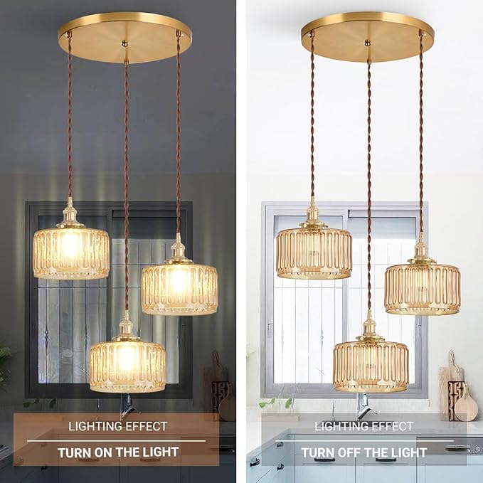 Amber Chandelier Mid-Century Modern Chandelier 3-Light Glass Globes Vintage Gold Brass Finish Striped Glass Hanging Pendant Lights Dining Room Semi Flush Mount Ceiling Light Fixture