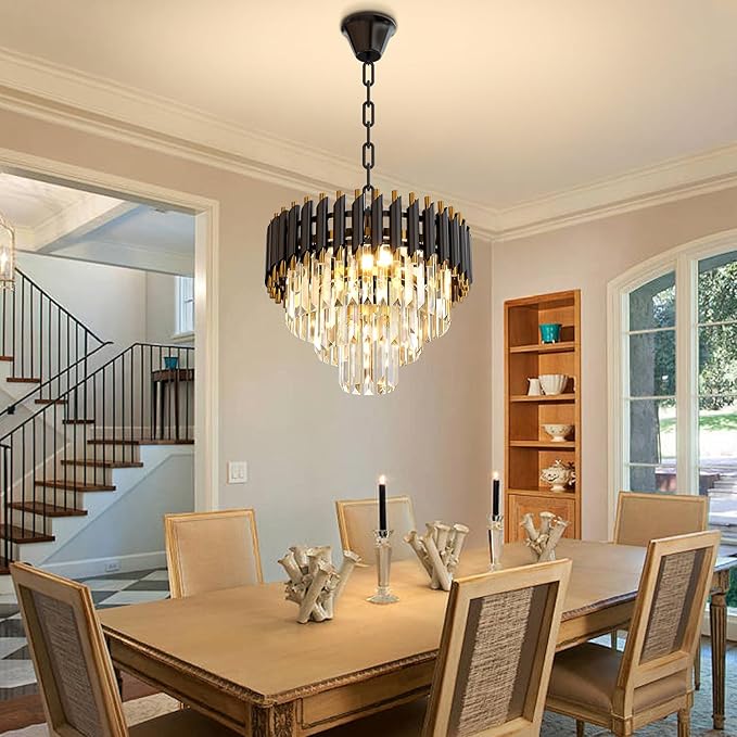 Modern Black Crystal Chandelier, 16" 5-Light Round Chandelier,3 Tiers Ceiling Pendant Light, Adjustable Hanging Chandeliers for Dining Room, Foyer, Living Room, Staircase