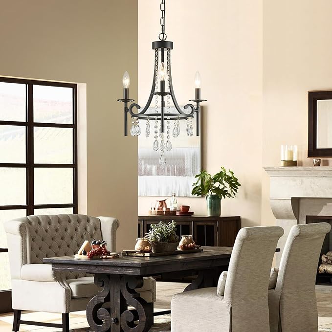 Small Crystal Chandelier, 3-Lights Modern Black Chandeliers for Dinning Room, Wagon Wheel Black Chandelier, Farmhouse Hanging Pendant Light Fixture for Bedroom Hallway Entryway Bar Kitchen Bathroom