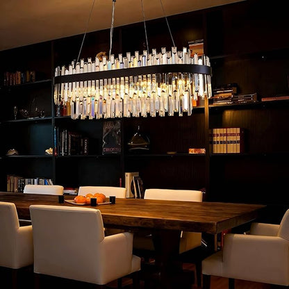 Black Crystal Chandelier for Dining Room, 35.4" Modern Luxury 2-Tier K9 Crystal Oval Chandelier, 10-Light E12 Base Pendant Light Fixture, Height Adjustable for Kitchen Island Living Room