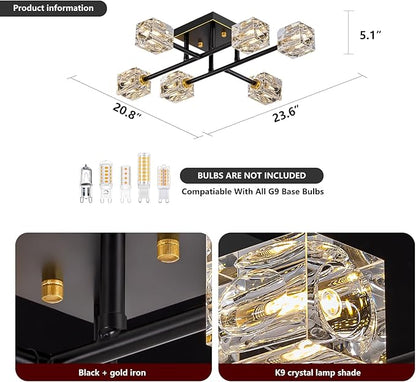 Semi Flush Mount Ceiling Light Fixture,6-Light Modern Crystal Chandeliers,Black and Gold Farmhouse Lighting Fixtures for Dining Room Living Room Kitchen Bedroom Entryway