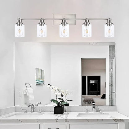 MELUCEE 5 Light Bathroom Light Fixtures Multi-Directional Rotating Track Lighting Kit Brushed Nickel, 37 Inch Ceiling Spotlight Fixture for Kitchen Foyer Bath, Clear Glass Shade
