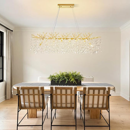 Modern Tree Branch Crystal Chandelier 47.2" Gold Large Rectangular Pendant Lighting 14-Light K9 Crystal Chandeliers for Dining Room Kitchen Living Room Foyer Entryway (Gold, L47.2-Rectangle)