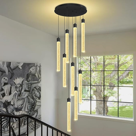 Modern 9-Lights Black Crystal Column Chandeliers for Entrance Dimmable LED Pendant Lighting Hanging Lights for Dining Room Bedroom Foyer Staircase Living Room