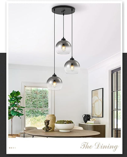 Modern Gradient Smoke Gray Glass Pendant Light,3-Light Globe Adjustable Hanging Pendant Light for Bedroom Kitchen Island Dining Room Stairwell