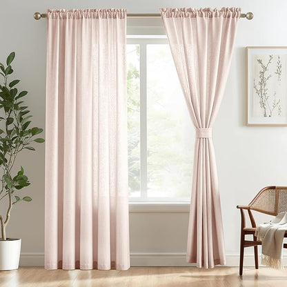 Melodieux Semi Sheer Curtains for Living Room - 72 Inches Long for Bedroom, Rod Poacket, Linen Look Shiny Sheer Drapes, Light Filtering Decovative Curtains, 52" W x 72" L, 2 Panels