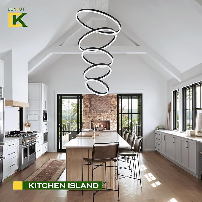 Benkut 5-Rings Modern LED Chandelier Black High Ceiling Chandelier with Remote Control Dimmable Pendant Lighting for Dining Room Foyer Living Room Entryway Staircase(3000K-6500K, D23.6in)