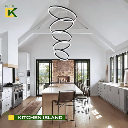 Benkut 5-Rings Modern LED Chandelier Black High Ceiling Chandelier with Remote Control Dimmable Pendant Lighting for Dining Room Foyer Living Room Entryway Staircase(3000K-6500K, D23.6in)