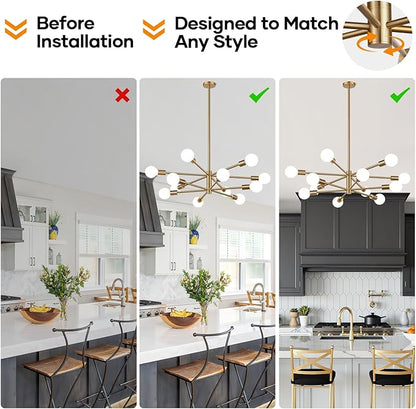 MQMQA Sputnik Chandeliers Dining Room Light Fixture (12-Light, 33-Inch), Modern Brushed Brass Chandelier, Height Adjustable Mid Century Modern Chandeliers for Dining Room Kitchen (Bulbs not Included)