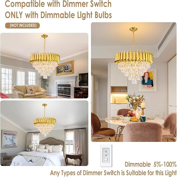 Modern Gold Crystal Chandelier Round Hanging 12-Light E12 Base Elegant Pendant Lighting for Foyer Bedroom Dining Room Kitchen Island 60CM