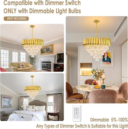 Modern Gold Crystal Chandelier Round Hanging 12-Light E12 Base Elegant Pendant Lighting for Foyer Bedroom Dining Room Kitchen Island 60CM