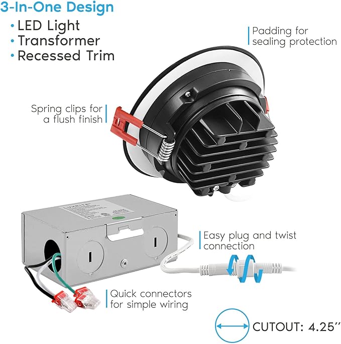LUXRITE 4 Inch Gimbal LED Recessed Light with Junction Box, 11W=75W, 5CCT Color Selectable 2700K-5000K, Adjustable Swivel LED Eyeball Lights, 1000LM, Dimmable, Damp Rated, ETL Listed, Black (4 Pack)