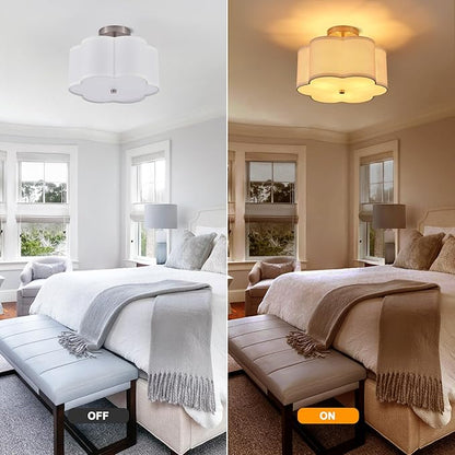 Modern Drum Semi Flush Mount Ceiling Light Fixture Modern 3-Lights Linen Drum Ceiling Lighting with Chrome Finish, Vintage Modern Ceiling Light for Laundry Room, Kitchen, Basement, Bedroom