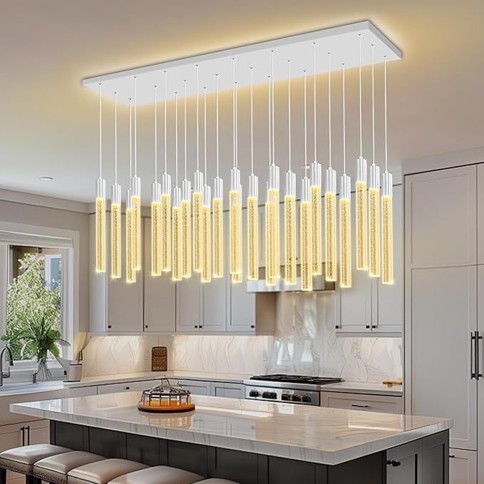 24-Light Rectangular Crystal Chandelier, Large Silver Bubble Crystal Column Pendant Light, Adjustable Height Hanging Chandeliers for Kitchen Island, Living Room, Foyer