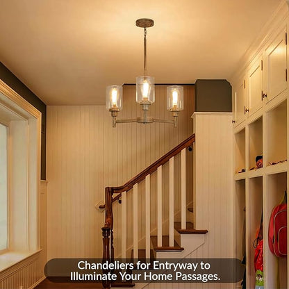 3 Light Farmhouse Chandelier | Rustic Chandeliers for Dining Room Light Fixtures | Fake Wood Hanging Lighting with Clear Glass Cover for Kitchen Island | Entryway | Bathroom | Corridor | Hallway