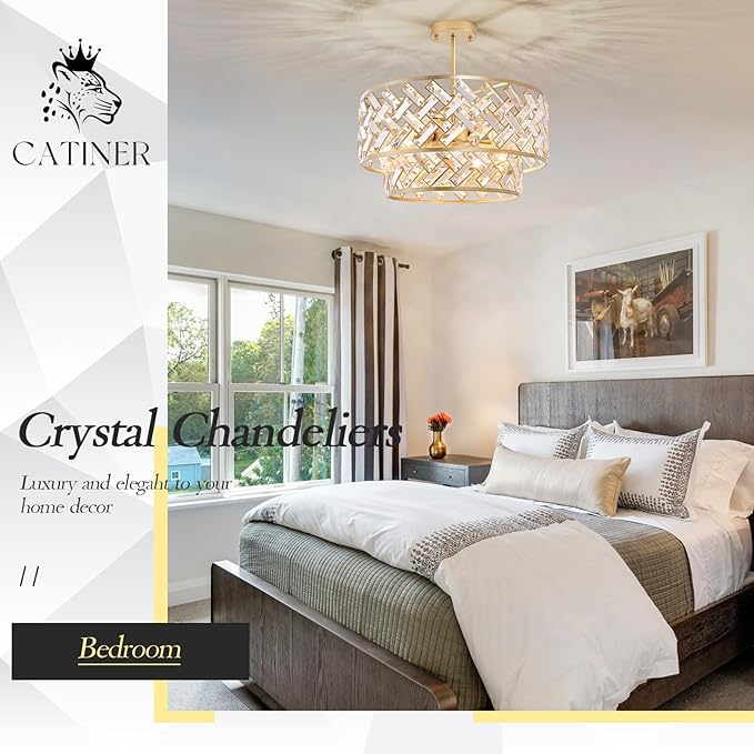 CATINER 20'' Modern Gold Crystal Chandelier Luxury Semi Flush Mount Ceiling Light Fixtures 6-Lights Round Crystal Pendant Chandelier for Dining Room Foyer Living Room Bedroom