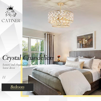CATINER 20'' Modern Gold Crystal Chandelier Luxury Semi Flush Mount Ceiling Light Fixtures 6-Lights Round Crystal Pendant Chandelier for Dining Room Foyer Living Room Bedroom
