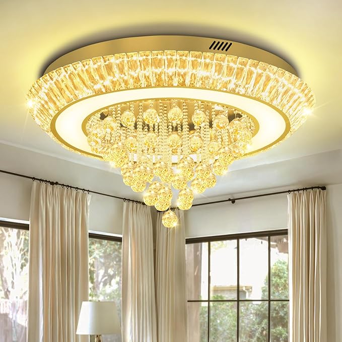 Modern LED Crystal Chandelier, Large Round Raindrop Chandelier for Living Dining Room 32in Gold Flush Mount Ceiling Light Kitchen Island Bar