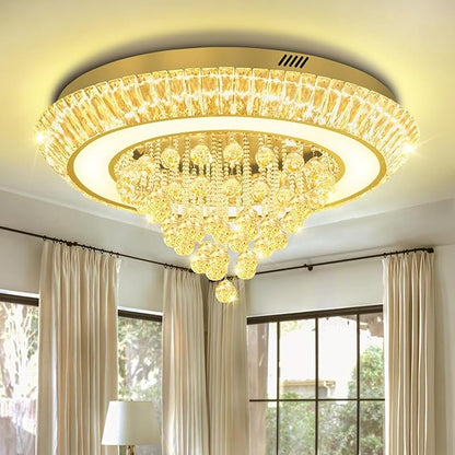 Modern LED Crystal Chandelier, Large Round Raindrop Chandelier for Living Dining Room 32in Gold Flush Mount Ceiling Light Kitchen Island Bar