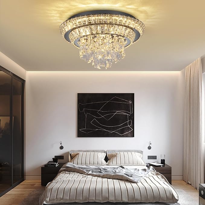 18 inch Crystal Flush Mount Black Chandelier, Modern Raindrop LED Ceiling Light, 3CCT Dimmable & Brightness Adjustable,Remote/APP ,Elegant Chandeliers for Bedroom Hallway Dinning Room Living Room
