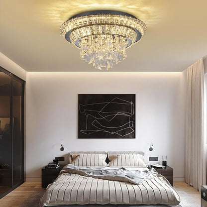 18 inch Crystal Flush Mount Black Chandelier, Modern Raindrop LED Ceiling Light, 3CCT Dimmable & Brightness Adjustable,Remote/APP ,Elegant Chandeliers for Bedroom Hallway Dinning Room Living Room