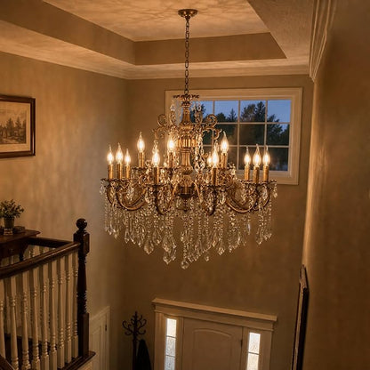 Vintage 10 Arms Crystal Chandelier Candle Light Fixture for Dining Room Living Room Bedroom Hallway Entryway Antique Gold Finish (34"-15 Lights)