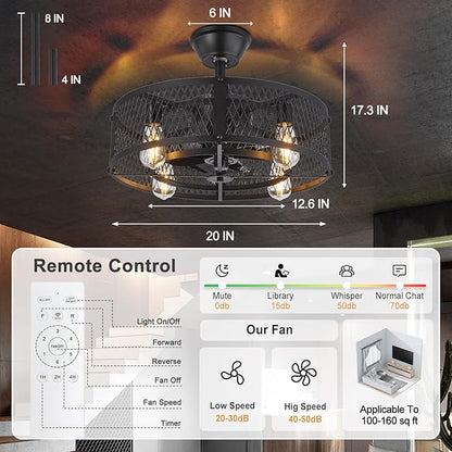 Depuley Outdoor Ceiling Fan with Light: 20" Caged Ceiling Fans with Remote Control for Patio Kitchen Bedroom - Farmhouse Fandelier Flush Mount Lights Fixture Reversible 6 Speed Timer Black