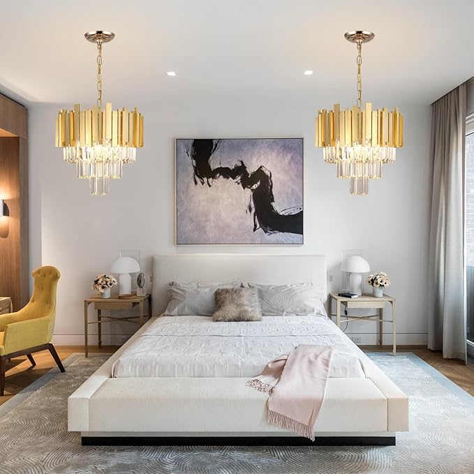 Gold Luxury Crystal Chandelier Modern Hanging Chandelier Light,E12*5-Light Adjustable Chain Pendant Light Fixture for Dining Room Living Room Foyer Bedroom W15.7in