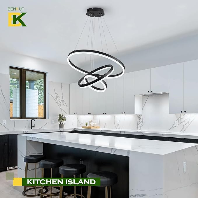 Benkut 3-Rings Modern LED Chandelier Black Dimmable Pendant Lighting with Remote Control Circular Flush Mount High Ceiling Light for Dining Room Living Room Entrance Foyer, 3000K-6500K D23.6in