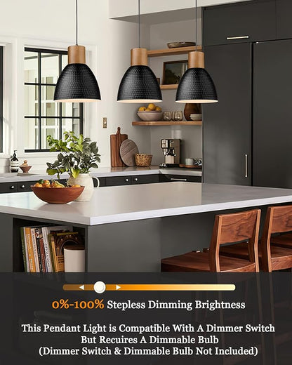 ELYONA Industrial Hammered Pendant Light 7” Small Solid Wood Hanging Lamp with Hammered Metal Shade, Farmhouse Pendant Light Fixtures for Kitchen Island, Dining Room, Bedroom, Office, Modern Black