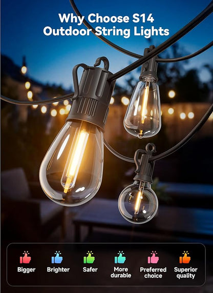 Minetom 53FT Outdoor String LED Patio Lights Waterproof, 24 Shatterproof S14 Vintage Edison Bulbs,Commercial Grade Outside Hanging Lights Waterproof for Porch Deck Garden Backyard Balcony Cafe Bistro