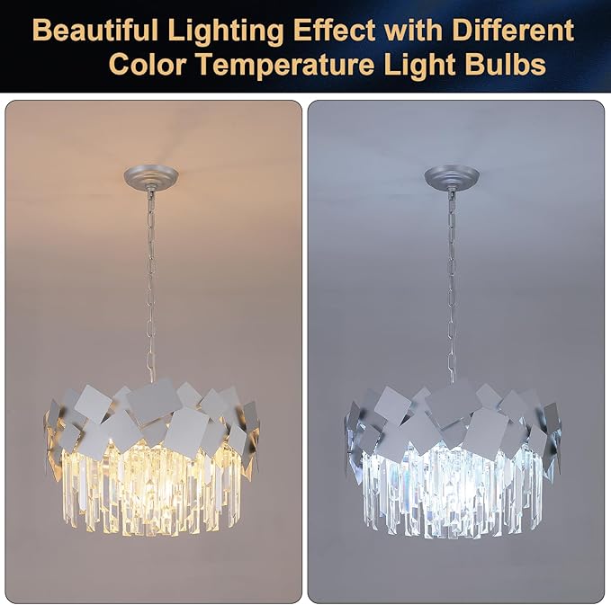 Modern Crystal Chandeliers 20" Silver Round Chandelier Luxury K9 Crystal Drum Chandeliers Kitchen Light Fixture Flush Mount Chandelier for Kitchen Island Living Room Dining Room Foyer Bedroom