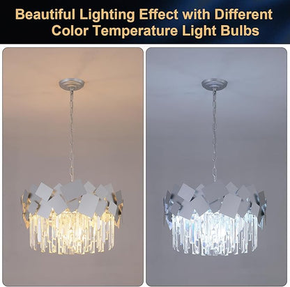 Modern Crystal Chandeliers 20" Silver Round Chandelier Luxury K9 Crystal Drum Chandeliers Kitchen Light Fixture Flush Mount Chandelier for Kitchen Island Living Room Dining Room Foyer Bedroom