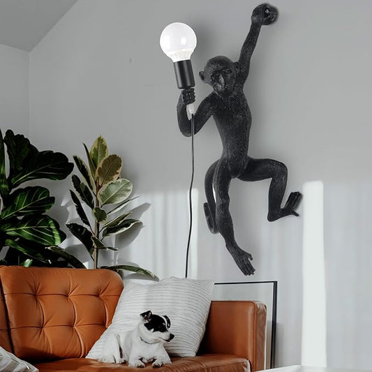 Modern Resin Monkey Wall Lamp & Pendant Light - Hemp Rope Vintage Lamp for Home Decor - Dining, Living Room, Bedroom, Entryway (Black)